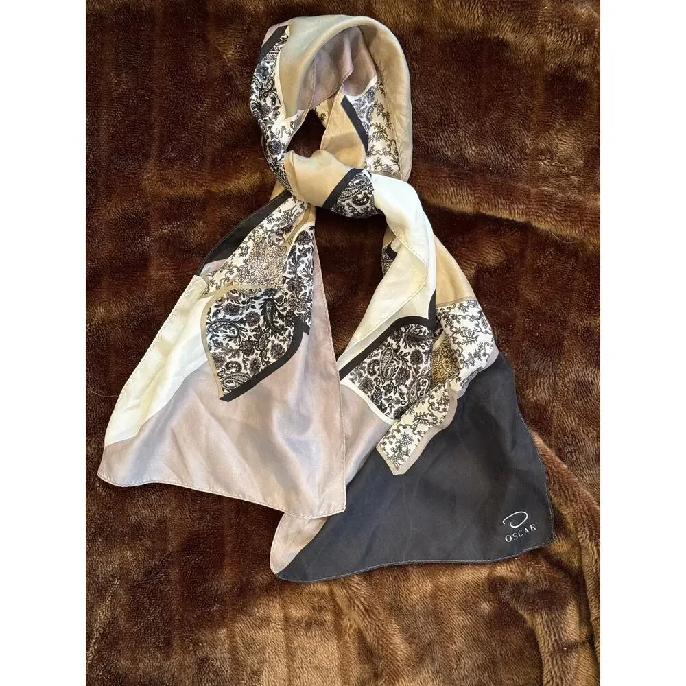 Oscar‎ de la Renta Scarf Womens Neutral Black Silk Paisley Floral Excellent